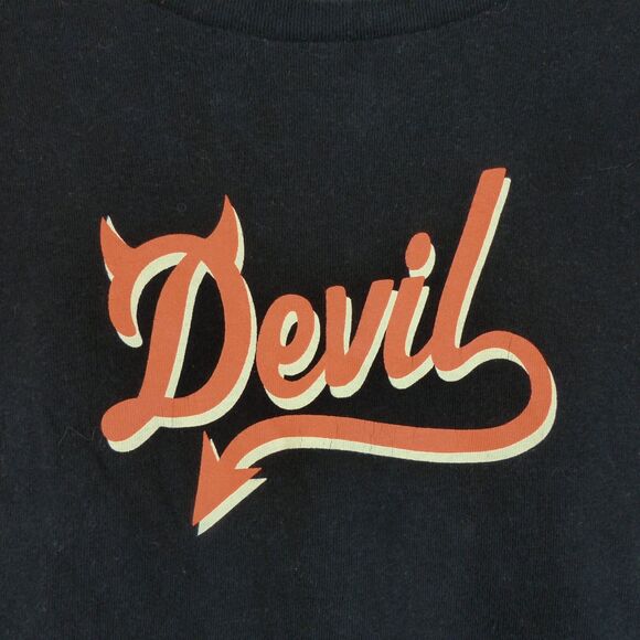 Y2K Devil T-shirt Womens XL Black Spellout Horns Cap Sleeve Old Navy Gothic VTG - Picture 2 of 8